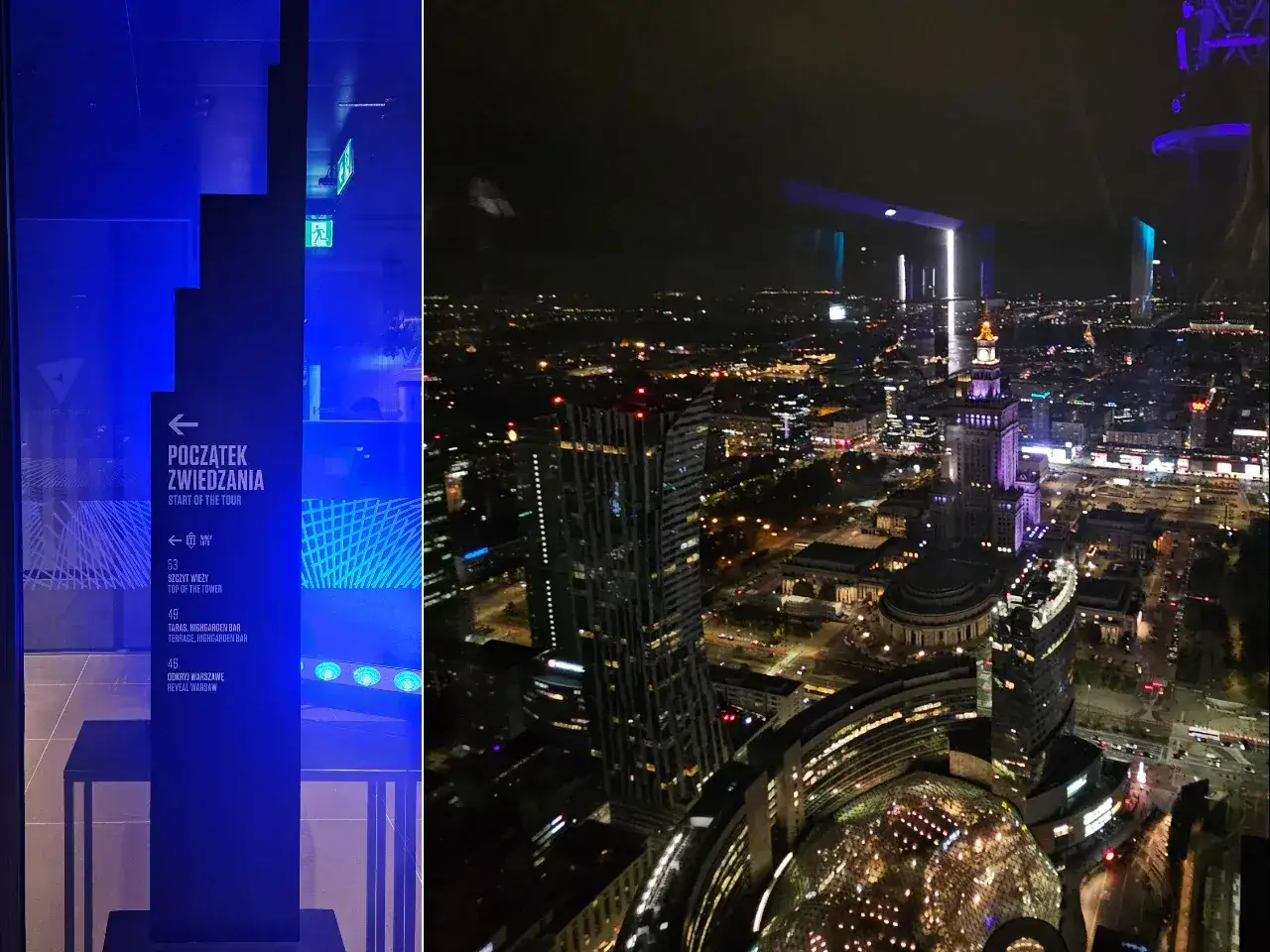 Widok z najwyższego budynku w Polsce nocą. Widać oświetlone miasto i Pałac Kultury. Po lewej stronie tablica informacyjna.