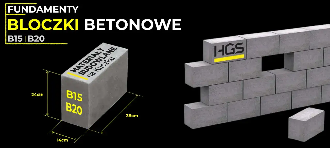 Bloczki betonowe HGS: wymiary 38x24x14 cm, klasy B15 i B20. Idealne do fundamentów.