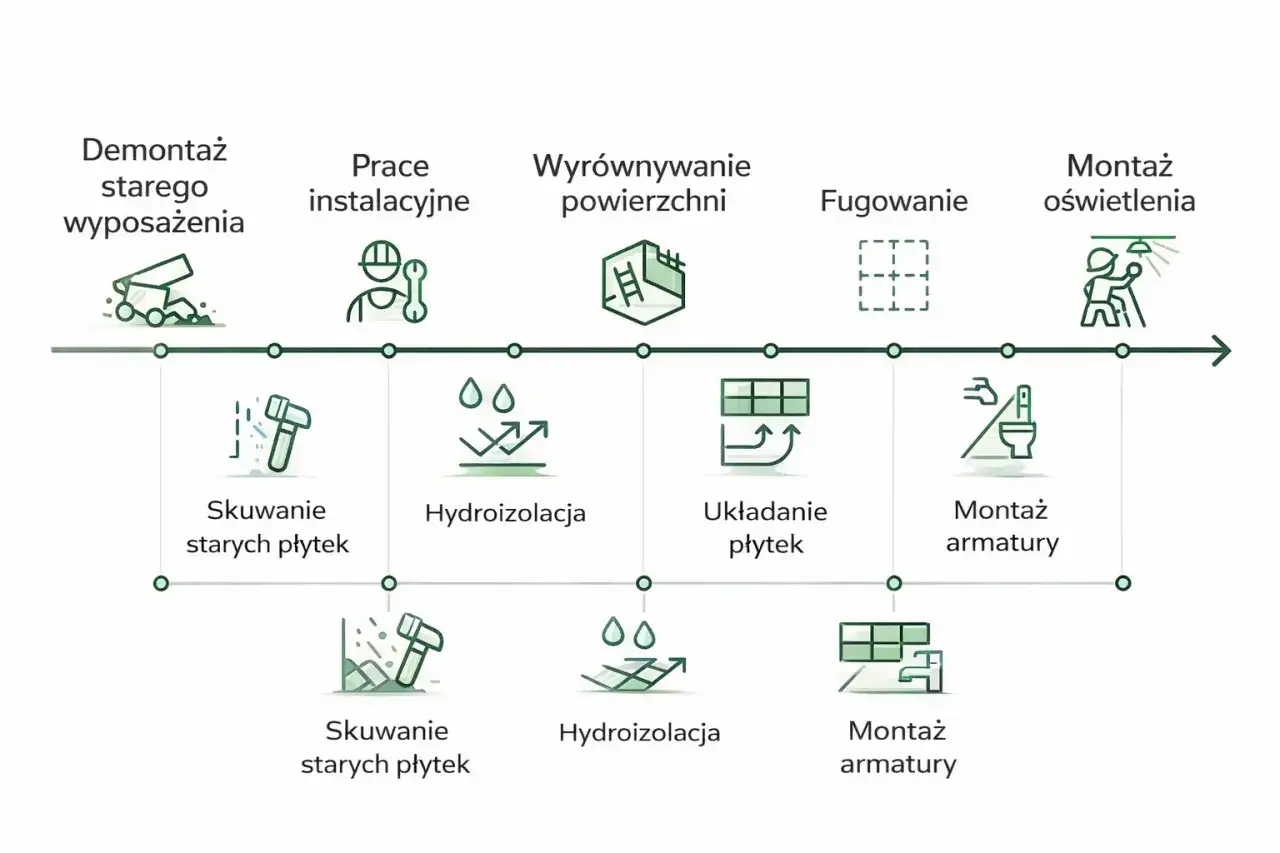 Schemat prac remontowych: demontaż, instalacje, wyrównanie, fugowanie, montaż oświetlenia, skuwanie płytek, hydroizolacja, układanie płytek, montaż armatury.