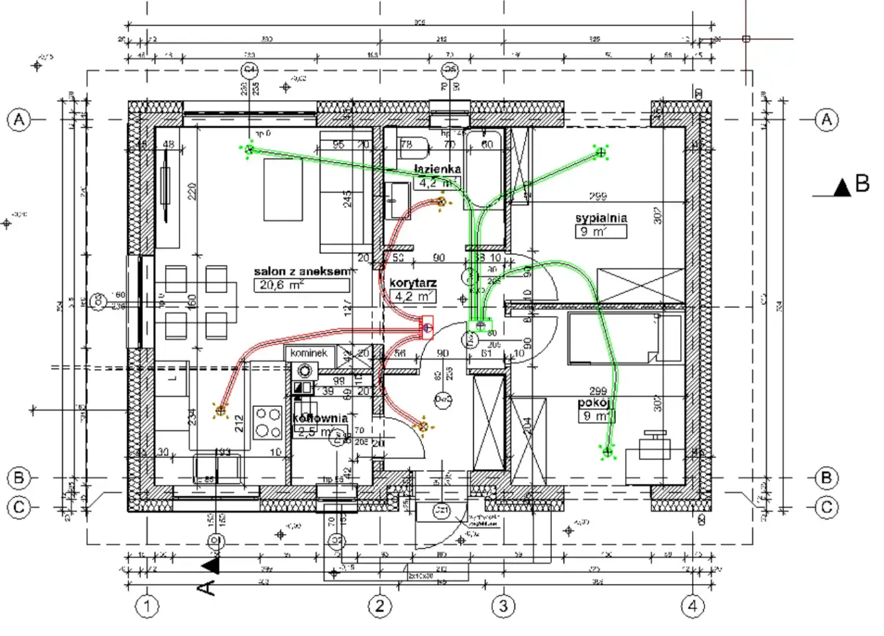 Plan mieszkania z zaznaczonymi kanałami wentylacyjnymi. Czy rekuperacja warto? Sprawdź schemat instalacji w salonie, kuchni, łazience i sypialni.