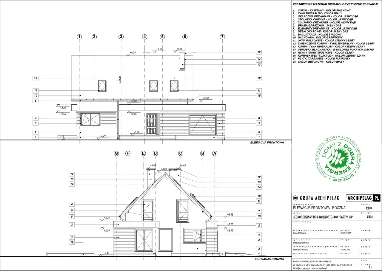 Projekt domu z zestawieniem materiałów i kolorów. Zastanawiasz się, ile się czeka na pozwolenie na budowę? Ten projekt może być inspiracją.