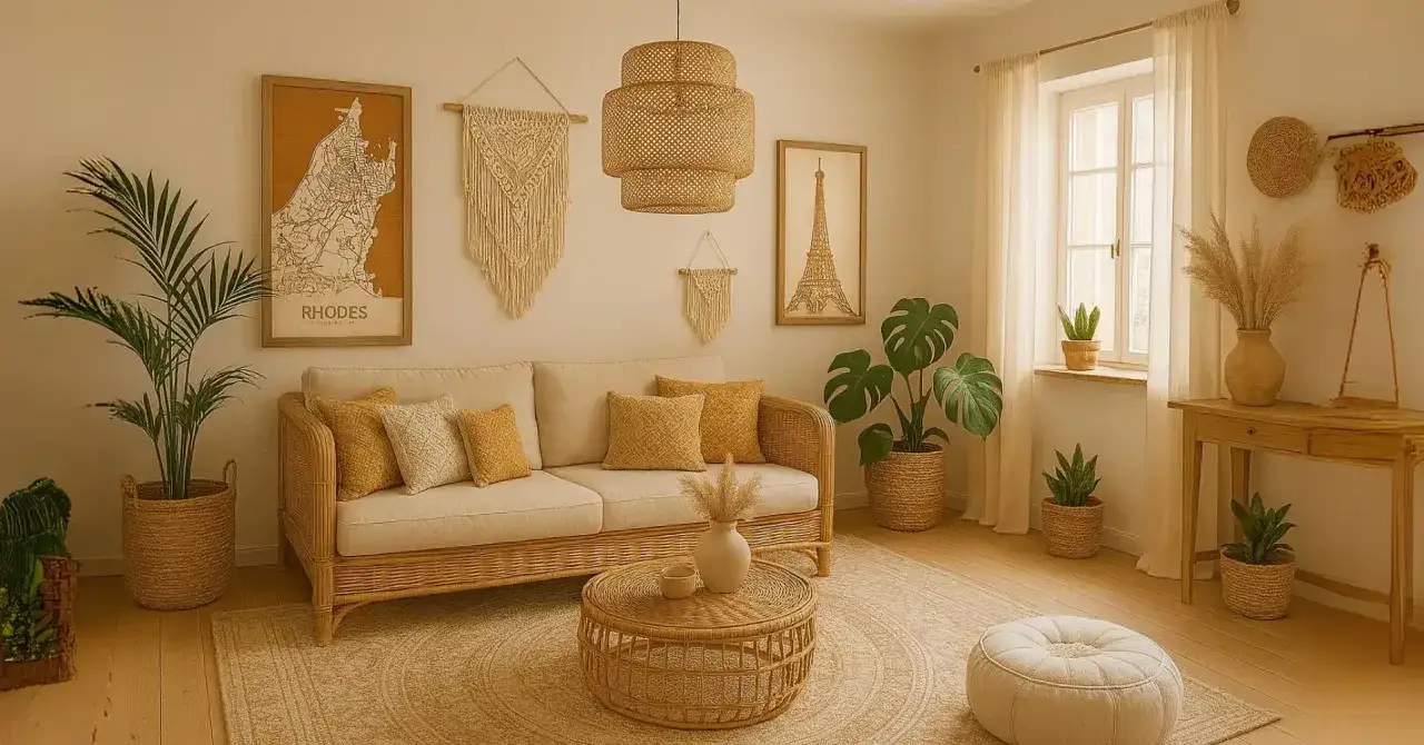 Przytulny salon w stylu boho: rattanowa sofa, makramy, rośliny i ciepłe barwy tworzą relaksującą atmosferę.