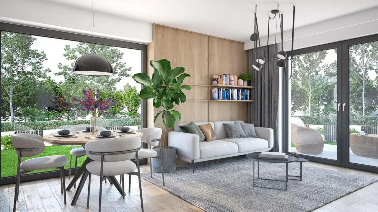 Nowoczesny salon z jadalnią, idealny dla domu 70m2 pod klucz. Duże okna, wygodna sofa, stół z krzesłami.