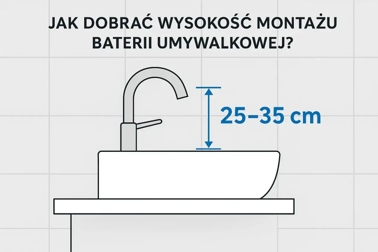 Wysokość umywalki nablatowej: optymalny montaż baterii to 25-35 cm nad jej krawędzią.