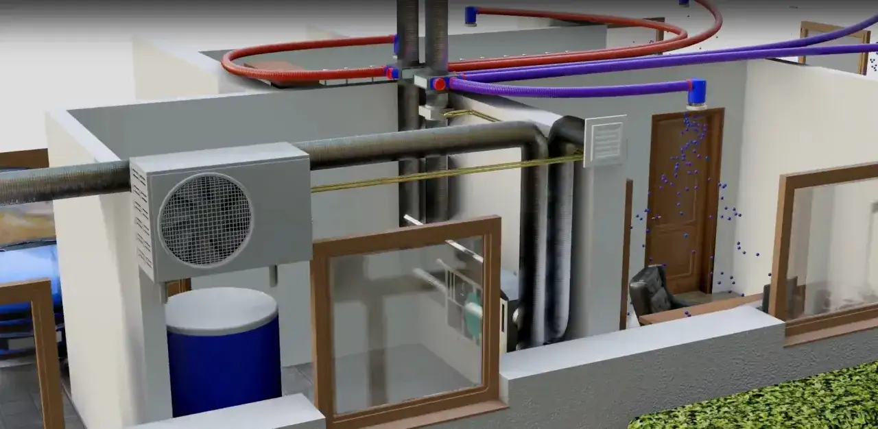 System HVAC co to? Schemat domu z klimatyzatorem, rurami i nawiewami powietrza. Widać przepływ powietrza w pomieszczeniu.