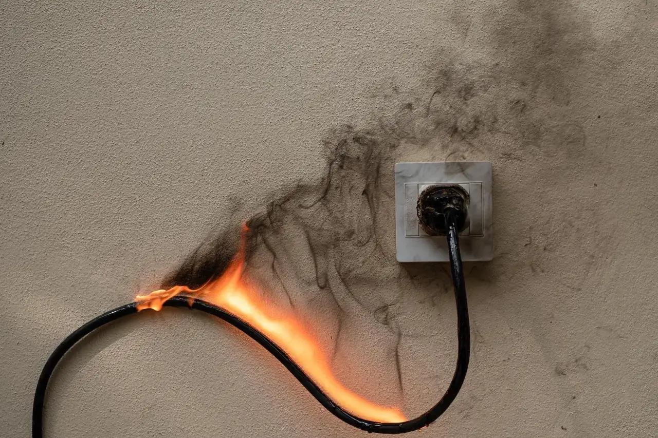Płonący kabel w gniazdku, dym unosi się po ścianie. To efekt przeciążenia instalacji elektrycznej.
