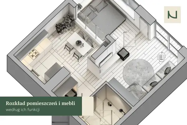 Projekt mieszkania z kuchnią, jadalnią, sypialnią i salonem, z uwzględnieniem zasad feng shui dla harmonii i przepływu energii.