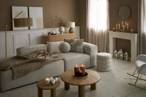 Przytulny salon w odcieniach sepia kolor. Miękki narożnik, drewniane stoliki, kominek z ozdobnymi świecami i ciepły pled tworzą atmosferę relaksu.