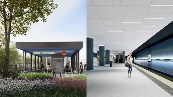 Wizualizacja wejścia i peronu stacji metra. Nowoczesna architektura, zieleń i ludzie czekający na 3 linię metra warszawa.