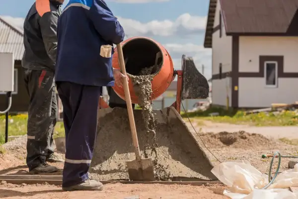 Robotnicy mieszają beton. Zastanawiasz się, ile kosztuje worek cementu na budowie?