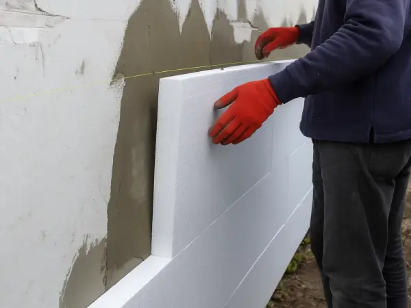 Pracownik w czerwonych rękawicach montuje płyty styropianowe. Poznaj cenę ocieplenia za 1m2 robocizna.