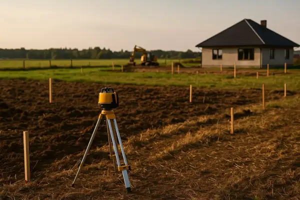 Precyzyjne tyczenie fundamentów pod dom. Odrolnienie działki w toku, niwelator laserowy i koparka w tle wskazują na początek budowy.