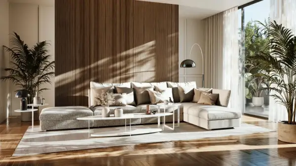 Przytulny salon w stylu japandi z dużą, wygodną sofą, drewnianą ścianą i roślinami.