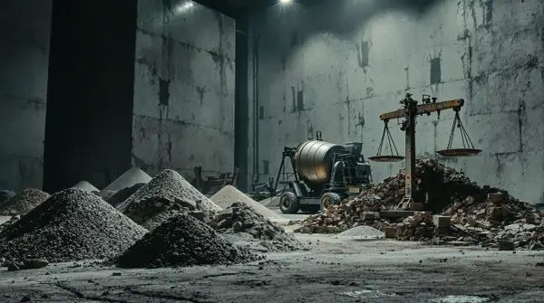 Waga pokazuje, ile kosztuje kubik betonu. W tle betoniarka i sterty materiałów budowlanych.
