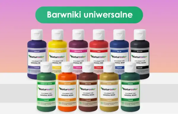 Kolorowe barwniki do żywic mineralnych Naturcolor, w tym odcienie jak szelak, w buteleczkach po 100g.
