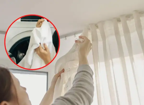 Jak prać firanki? Włóż je do pralki, a potem powieś z powrotem na karniszu.