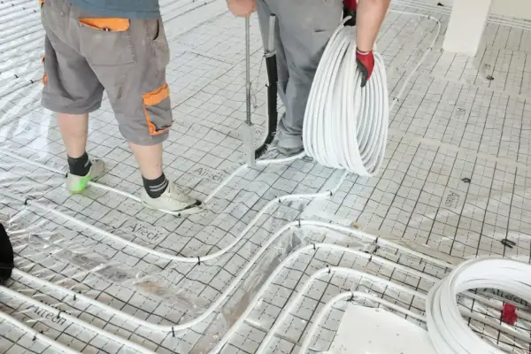 Pracownicy układają rury do ogrzewania podłogowego na siatce, przygotowując podkład pod jastrych.