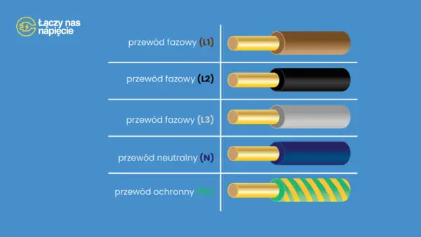 Przewody elektryczne: fazowy (L1, L2, L3), neutralny (N) i ochronny (PE) w różnych kolorach izolacji.