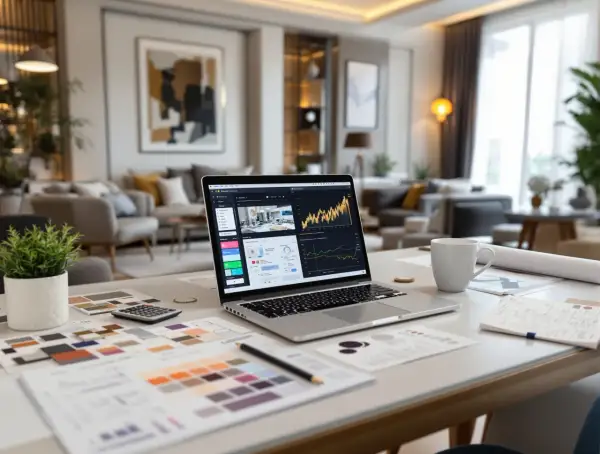 Laptop z wykresem, próbki kolorów, kalkulator i notatki na biurku. To miejsce pracy architekta wnętrz, który zastanawia się, ile zarabia.