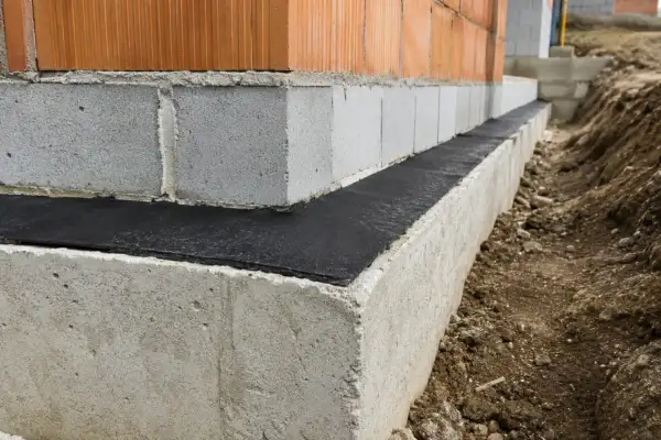 Budowa domu: widoczna izolacja pozioma fundamentów, beton, pustaki i cegła.