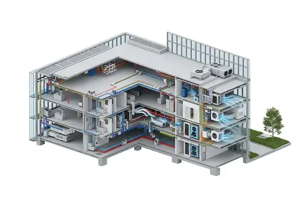 Przekrój budynku pokazuje system HVAC: ogrzewanie, wentylacja i klimatyzacja. Rury i kanały rozprowadzają powietrze i płyny.