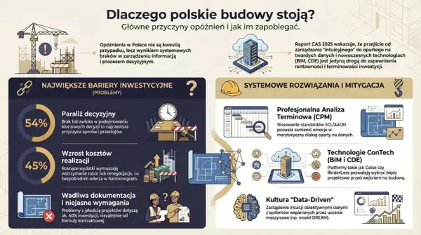 Infografika o przyczynach opóźnień w budownictwie. Kluczowe bariery to paraliż decyzyjny, wzrost kosztów i wadliwa dokumentacja. Rozwiązania to analiza terminowa, technologie ConTech i kultura "data-driven", wspierające projekt budowlany.