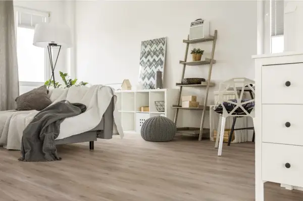 Jasne, oto opis:

Nowoczesny salon z szarą kanapą i kocami, białą komodą i regałem. Na podłodze widać piękne panele laminowane czy winylowe.