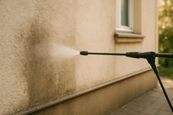 Czyszczenie na wysokości: strumień wody z myjki ciśnieniowej usuwa brud z elewacji.