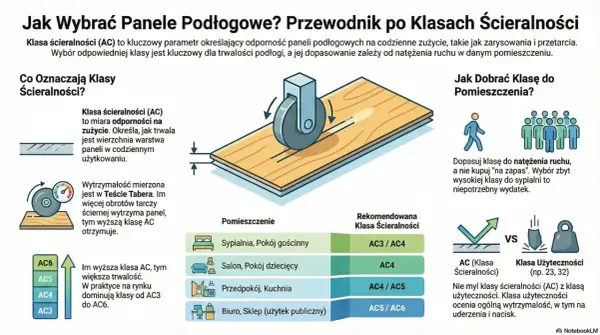 Ilustracja wyjaśnia klasę ścieralności paneli podłogowych (AC), pokazując test zużycia i rekomendacje dla pomieszczeń.