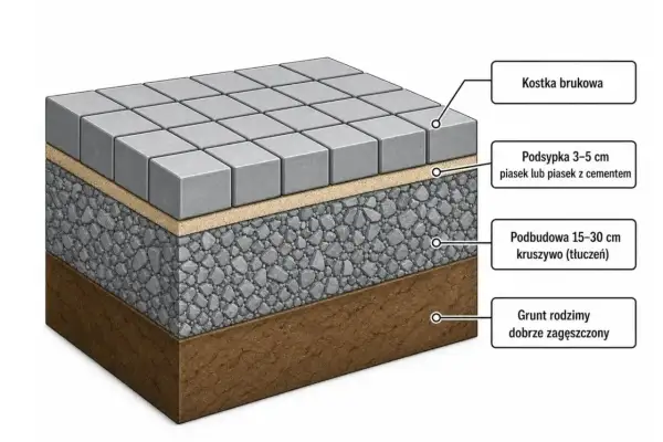 Warstwy pod kostkę brukową: piasek pod kostkę, podbudowa z kruszywa i zagęszczony grunt.