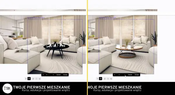 Dwa warianty aranżacji salonu, idealne do projektowania wnętrz online za darmo.
