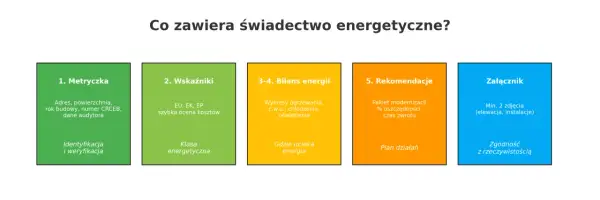 Świadectwo energetyczne zawiera metryczkę, wskaźniki (w tym klasa energetyczna), bilans energii, rekomendacje i załącznik.
